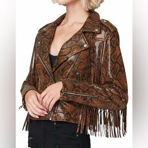 Blank NYC brown snakeskin fringe moto jacket
